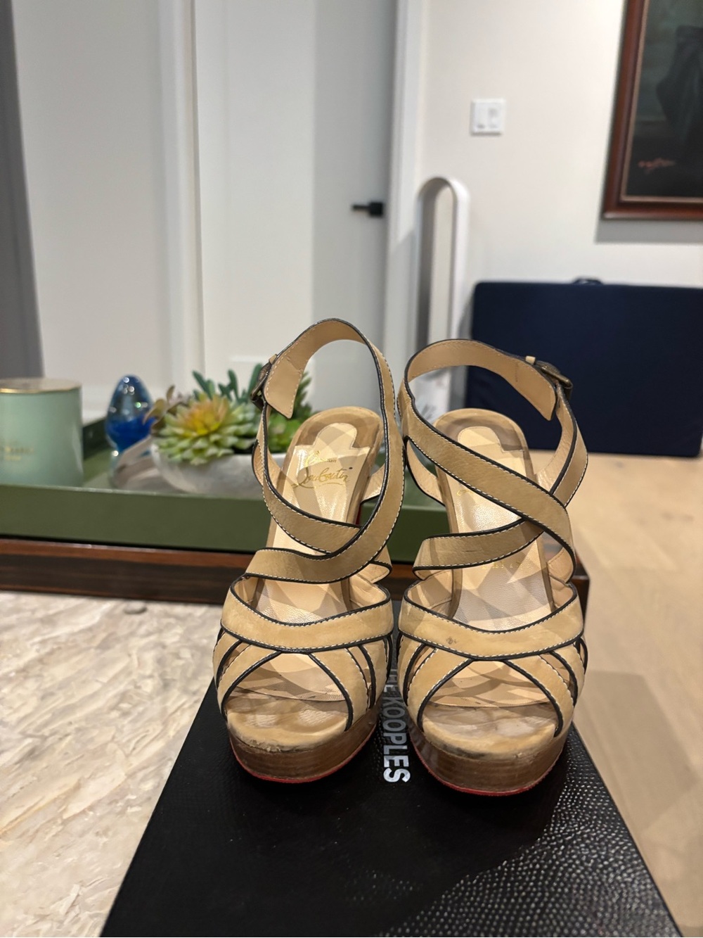 Laboutin / Size 37.5 /Beige Strappy Platform Sandals with Crisscross Ankle Strap
